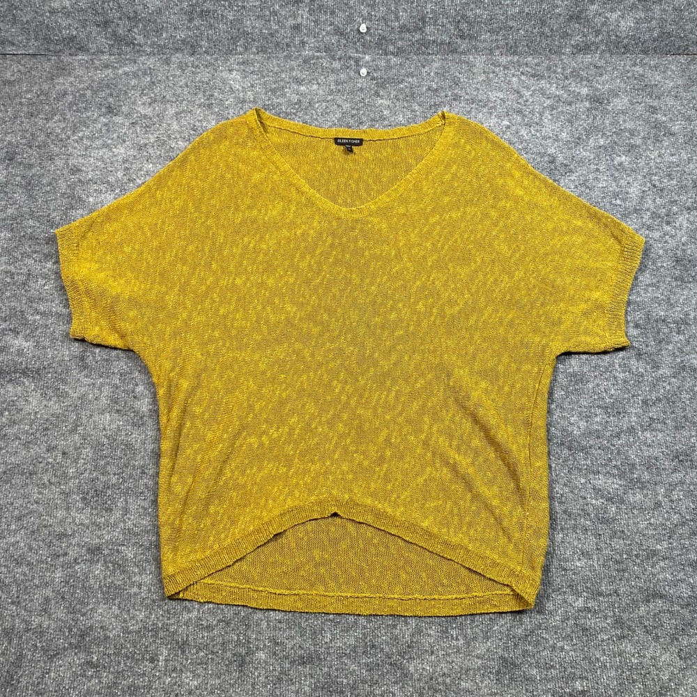 Eileen Fisher Womens Medium Mustard Yellow Linen Cotton V-Neck Boxy Knit Sweater